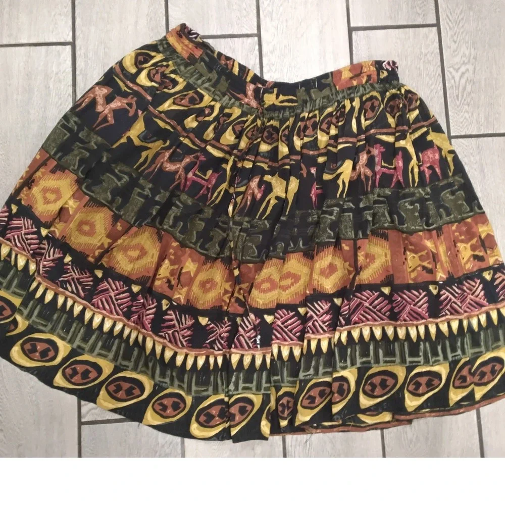 Le Mieux Vintage Tribal Print Midi Skirt Elastic Waist Bohemian Animal Motif OS